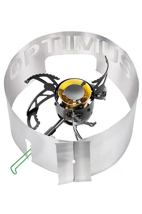 OPTIMUS POLARIS : Réchaud multicombustibles - 4 saisons - Expéditions -  Vue avec pare-vent - Marque Optimus