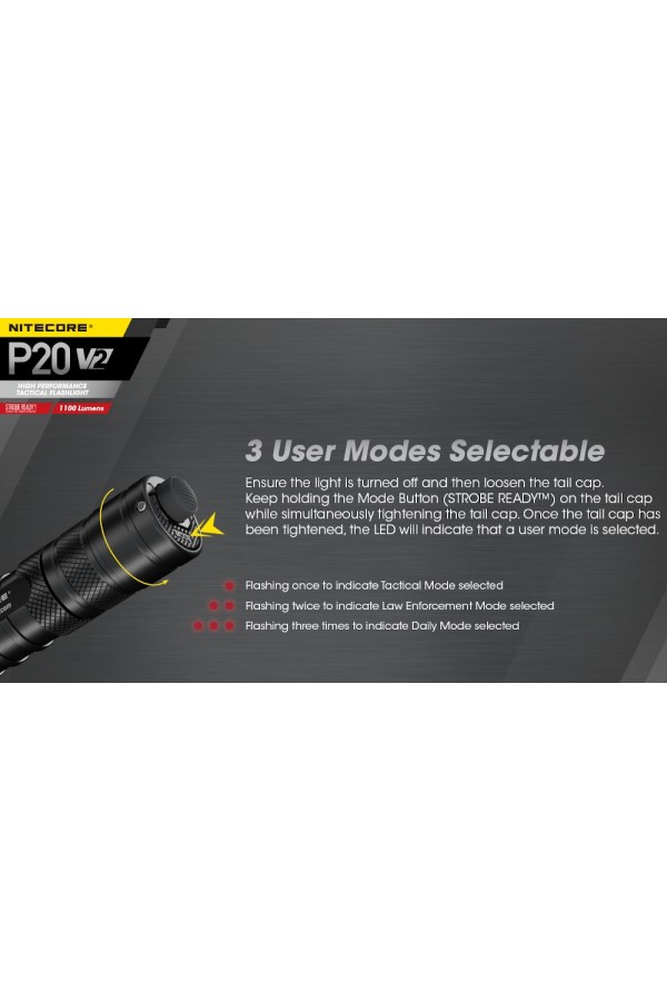 NITECORE P20 V2 - Version 2 : Lampe torche tactique - 1100 lumens - Témoin de mode sélectionné - Marque Nitecore