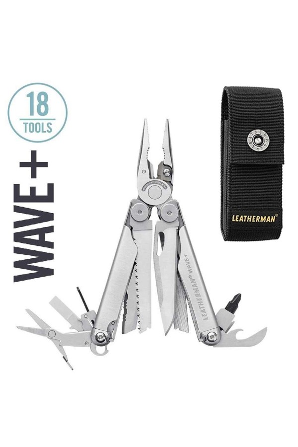 LEATHERMAN WAVE +  - Couleur inox : Pince multifonctions - 18 outils - Vue avec étui - Marque Leatherman