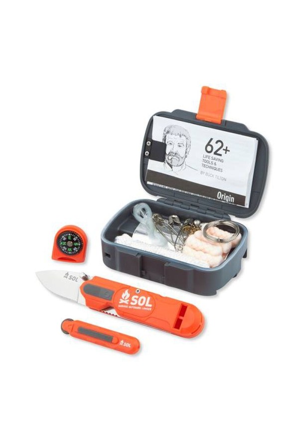 ORIGIN : Kit de survie - Vue ouvert avec couteau et allume-feu - Marque SOL