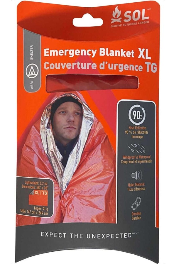 Couverture de survie - Taille XL : 1 à 2 personnes -  Réutilisable - 2,49 * 1,47 mètres - Marque SOL