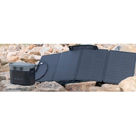 PANNEAU SOLAIRE - 110 Watts - Vue avec station de charge DELTA - Marque EcoFlow. PANNEAU SOLAIRE - 110 Watts - Vue avec station de charge DELTA - Marque EcoFlow.