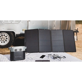 PANNEAU SOLAIRE - 160 Watts - Vue en situation avec station de charge - Marque EcoFlow. PANNEAU SOLAIRE - 160 Watts - Vue en situation avec station de charge - Marque EcoFlow.