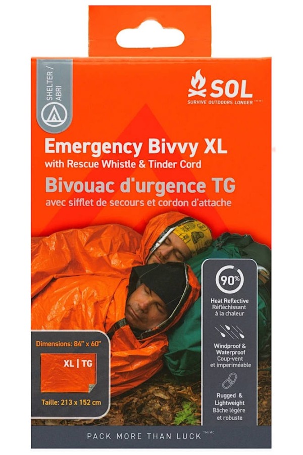BIVVY XL - 1 à 2 personnes - Sac de couchage de secours - Vue del a boîte - Marque SOL