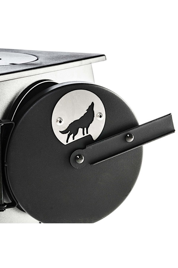 FRONTIER STOVE : Poêle à bois portable avec table de cuisson - Zoom sur la porte - Marque Anevay Stove